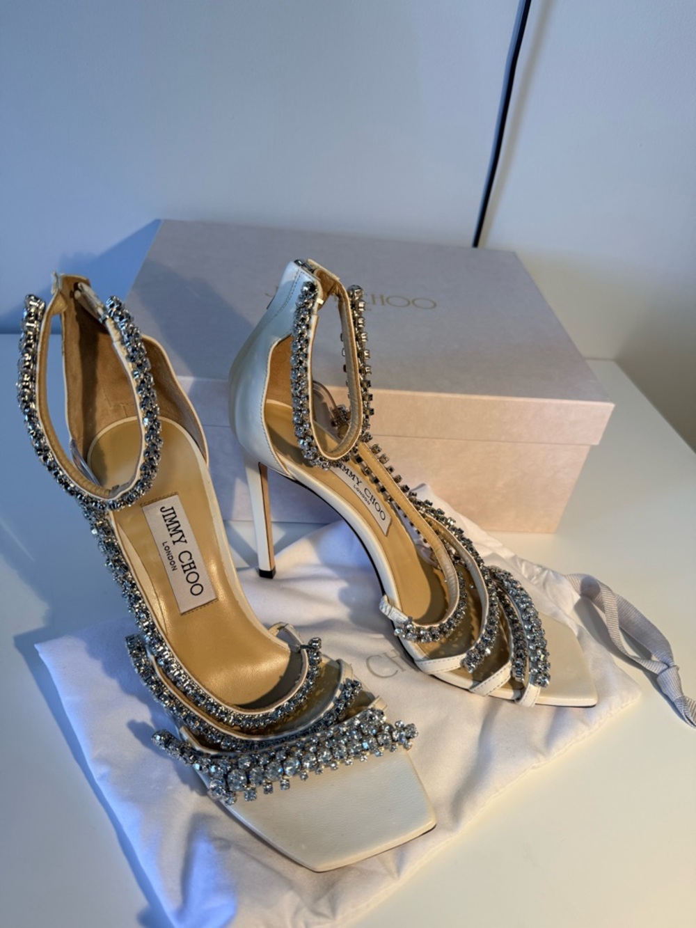 Jimmy Choo Josephine 100 White Crystal Embellished Stiletto Sandals